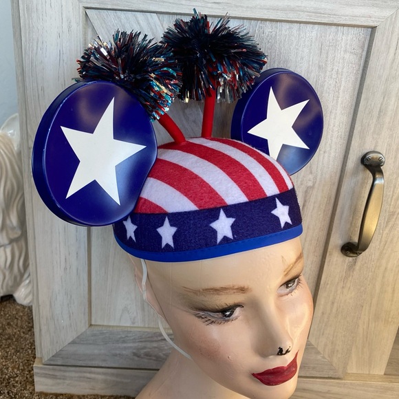 Disney Mickey Mouse Red White & Blue Ears Pom Poms Elastic Strap 4th of July - Picture 6 of 10
